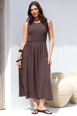 Adrian Midi Dress - Sleeveless Shirred Bodice A-Line Dress in Chocolate