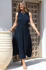 Adrian Midi Dress - Sleeveless Shirred Bodice A-Line Dress in Navy