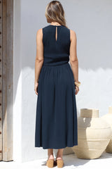 Adrian Midi Dress - Sleeveless Shirred Bodice A-Line Dress in Navy