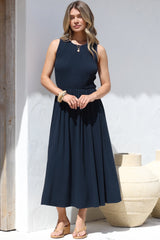 Adrian Midi Dress - Sleeveless Shirred Bodice A-Line Dress in Navy