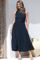Adrian Midi Dress - Sleeveless Shirred Bodice A-Line Dress in Navy