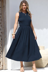 Adrian Midi Dress - Sleeveless Shirred Bodice A-Line Dress in Navy