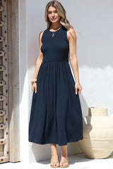 Adrian Midi Dress - Sleeveless Shirred Bodice A-Line Dress in Navy