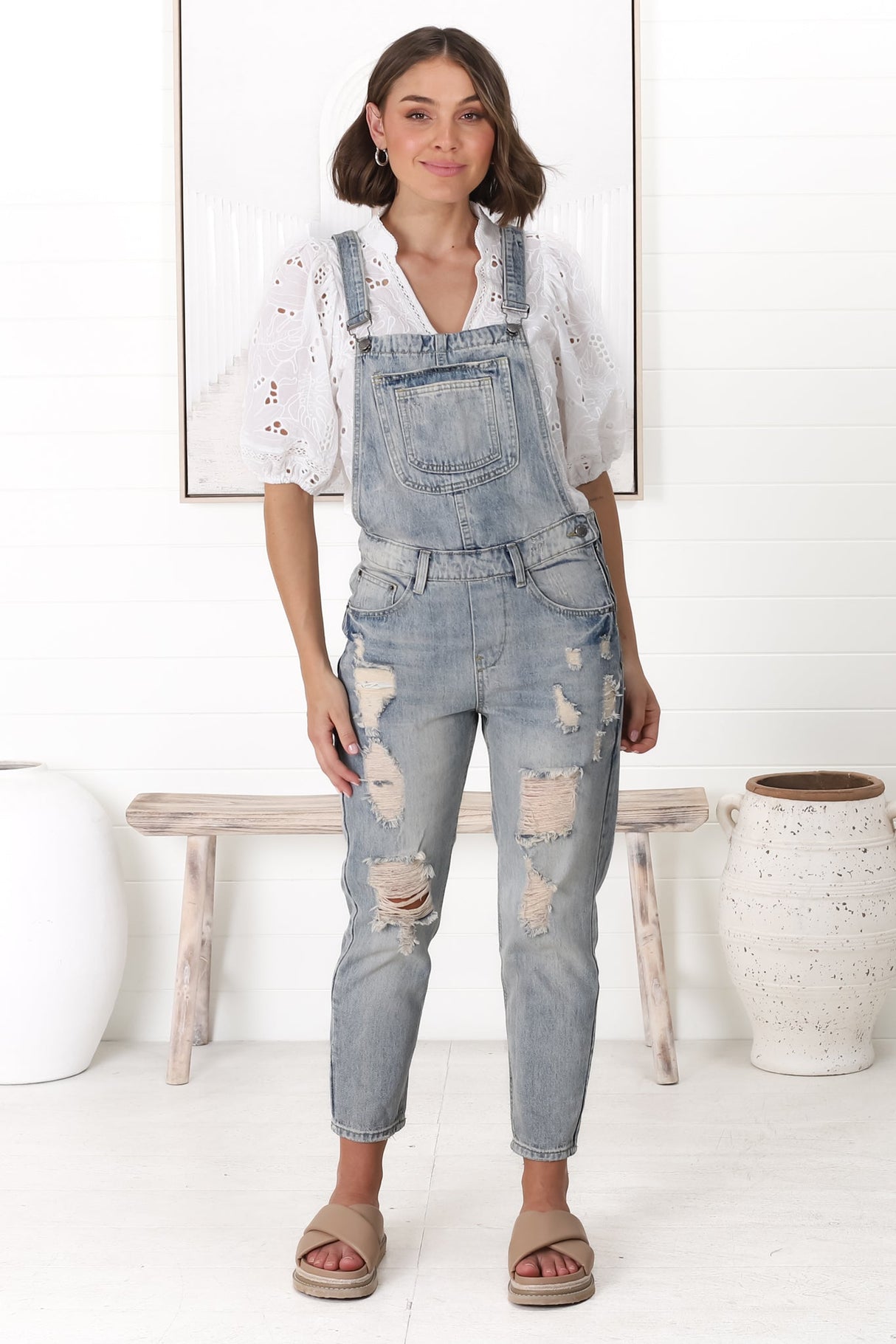 Aeryn Denim Overalls - Straight Leg Dungarees in Stone Wash Denim