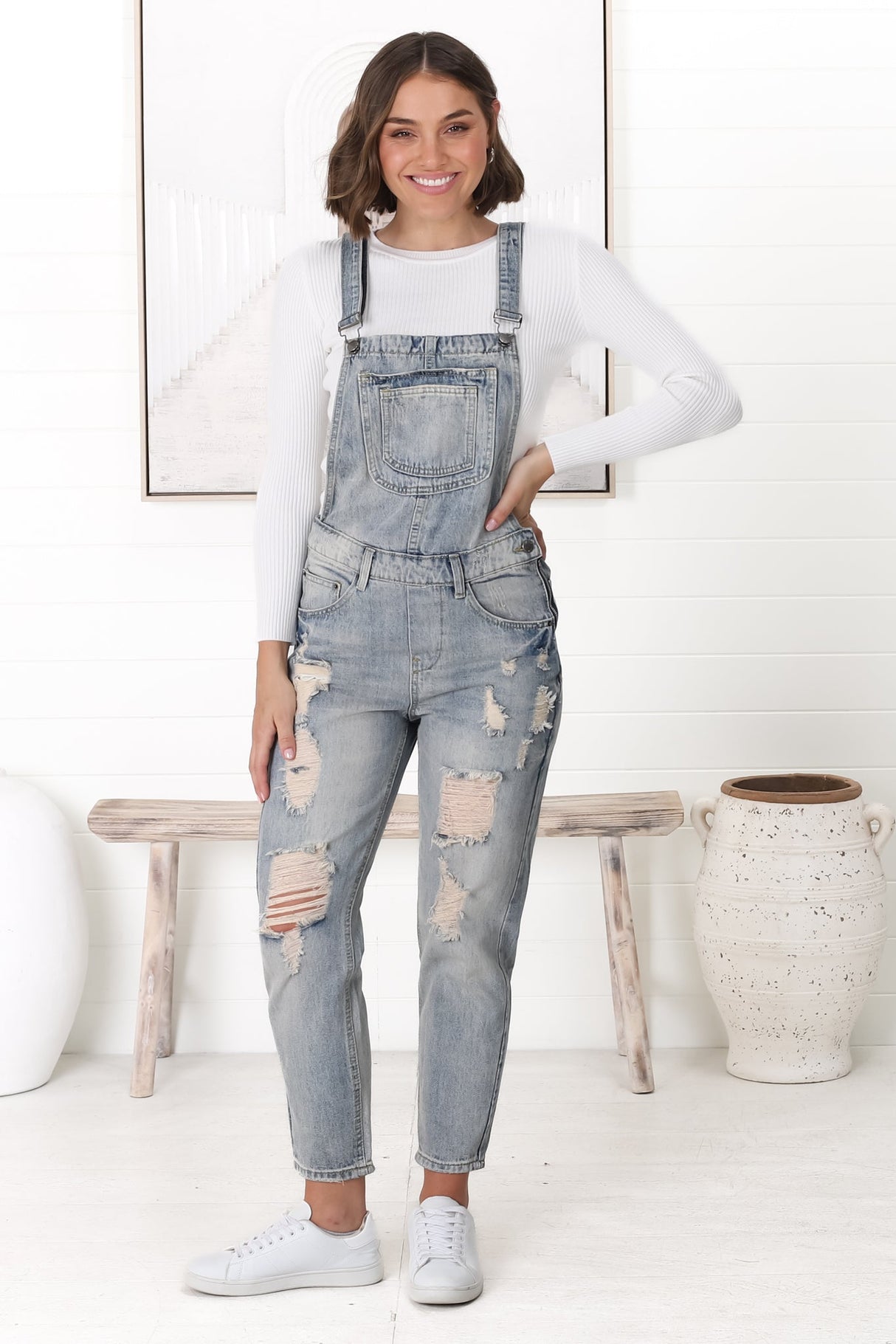 Aeryn Denim Overalls - Straight Leg Dungarees in Stone Wash Denim