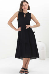 Agnes Midi Dress - Aysmmetric Frill Detailed Sleeveless Smock Dress in Black