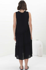 Agnes Midi Dress - Aysmmetric Frill Detailed Sleeveless Smock Dress in Black