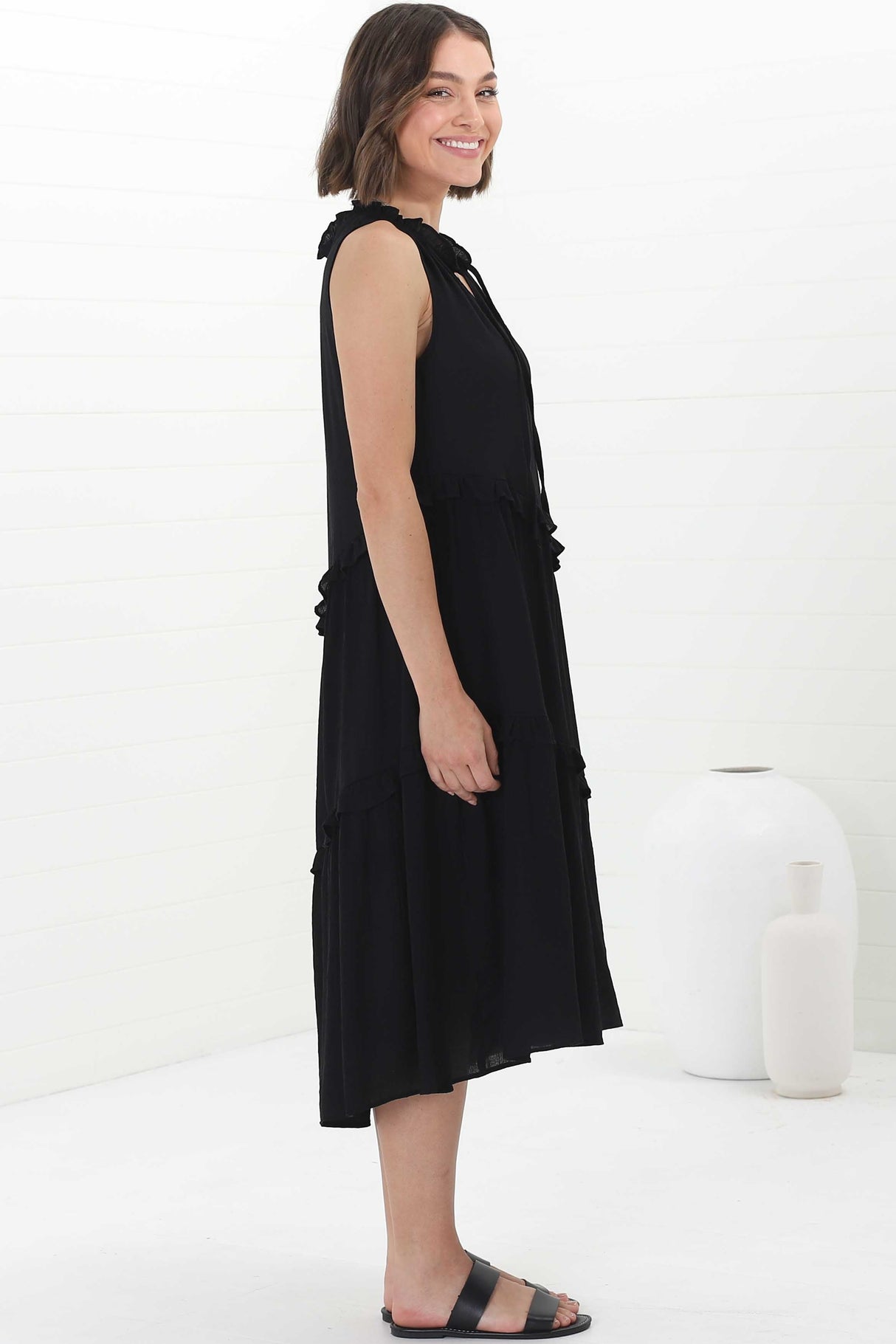 Agnes Midi Dress - Aysmmetric Frill Detailed Sleeveless Smock Dress in Black