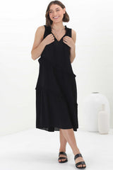 Agnes Midi Dress - Aysmmetric Frill Detailed Sleeveless Smock Dress in Black