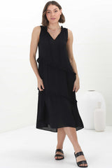 Agnes Midi Dress - Asymmetric Frill Detailed Sleeveless Smock Dress in Black