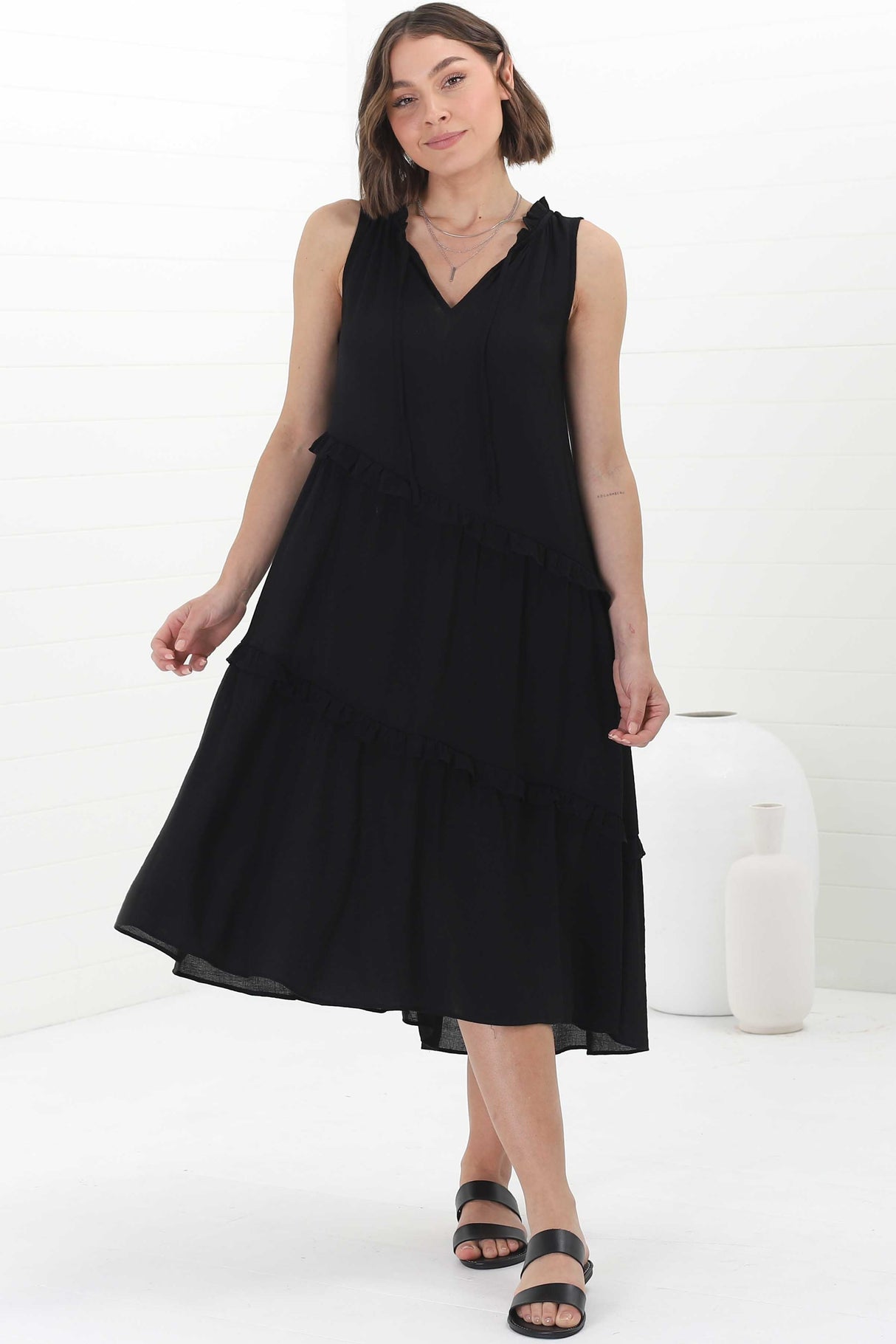 Agnes Midi Dress - Asymmetric Frill Detailed Sleeveless Smock Dress in Black