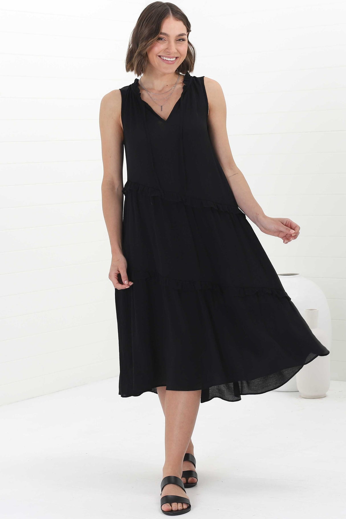 Agnes Midi Dress - Aysmmetric Frill Detailed Sleeveless Smock Dress in Black