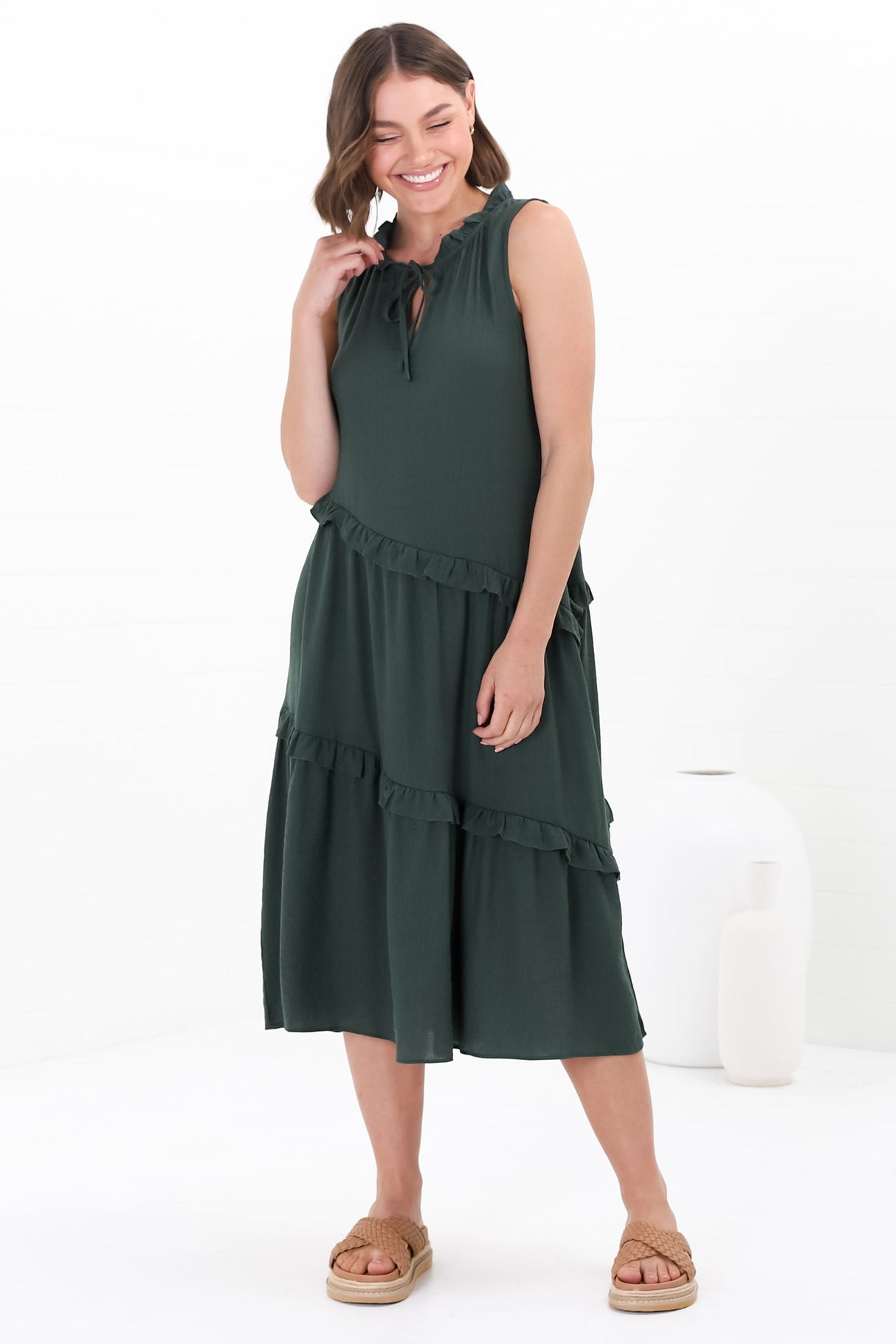 Agnes Midi Dress - Aysmmetric Frill Detailed Sleeveless Smock Dress in Emerald