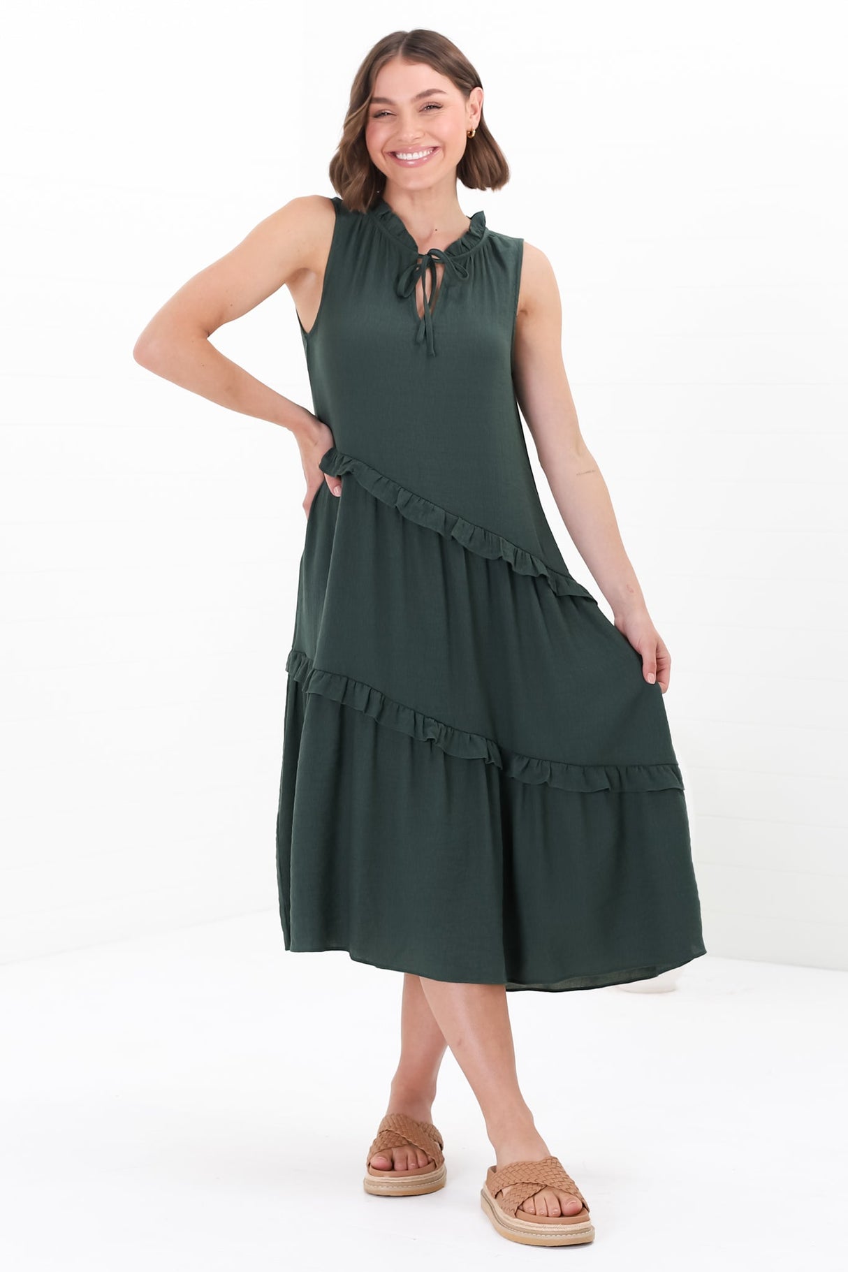 Agnes Midi Dress - Aysmmetric Frill Detailed Sleeveless Smock Dress in Emerald