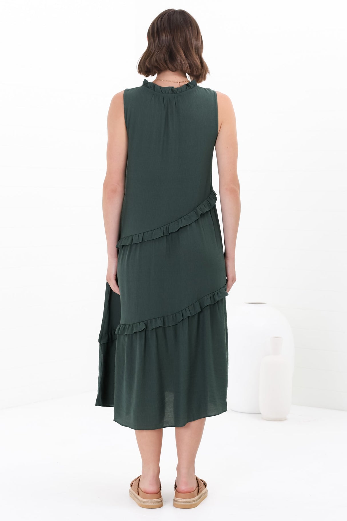 Agnes Midi Dress - Aysmmetric Frill Detailed Sleeveless Smock Dress in Emerald