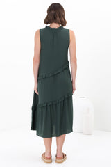 Agnes Midi Dress - Asymmetric Frill Detailed Sleeveless Smock Dress in Emerald