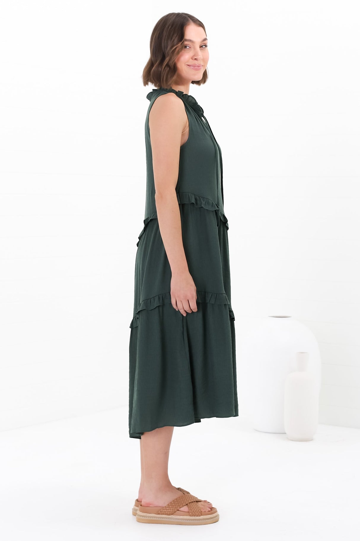 Agnes Midi Dress - Asymmetric Frill Detailed Sleeveless Smock Dress in Emerald