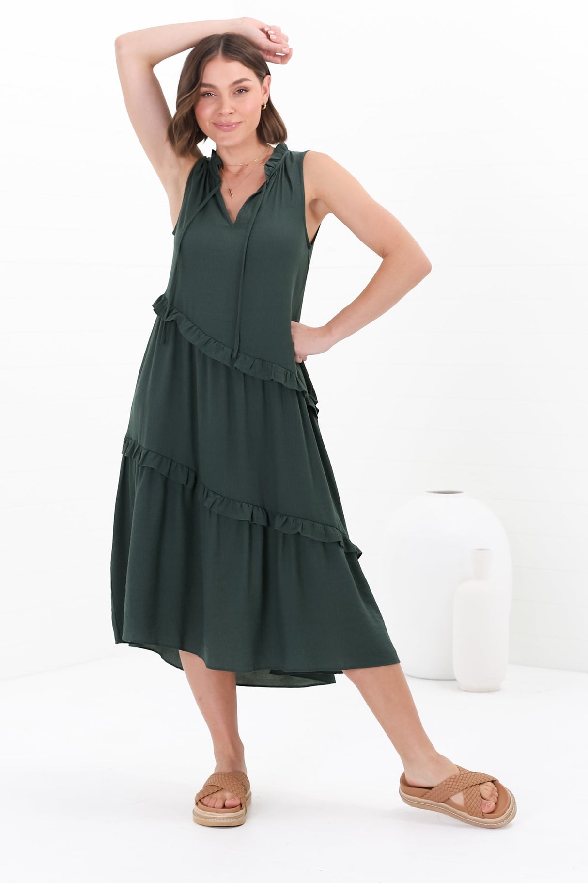 Agnes Midi Dress - Aysmmetric Frill Detailed Sleeveless Smock Dress in Emerald