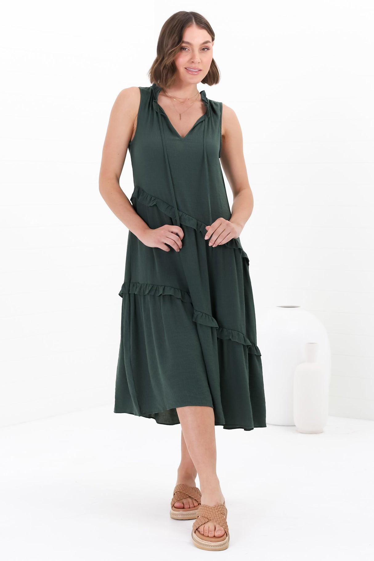 Agnes Midi Dress - Asymmetric Frill Detailed Sleeveless Smock Dress in Emerald