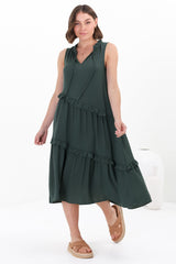 Agnes Midi Dress - Aysmmetric Frill Detailed Sleeveless Smock Dress in Emerald