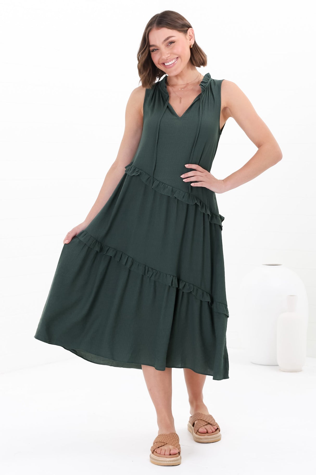 Agnes Midi Dress - Aysmmetric Frill Detailed Sleeveless Smock Dress in Emerald