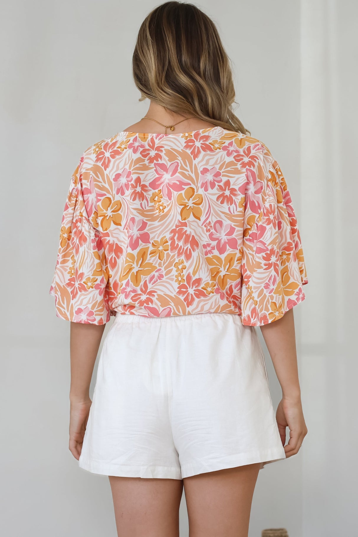 Aideen Top - Flutter Sleeve Tie Up Front Top in Celine Print