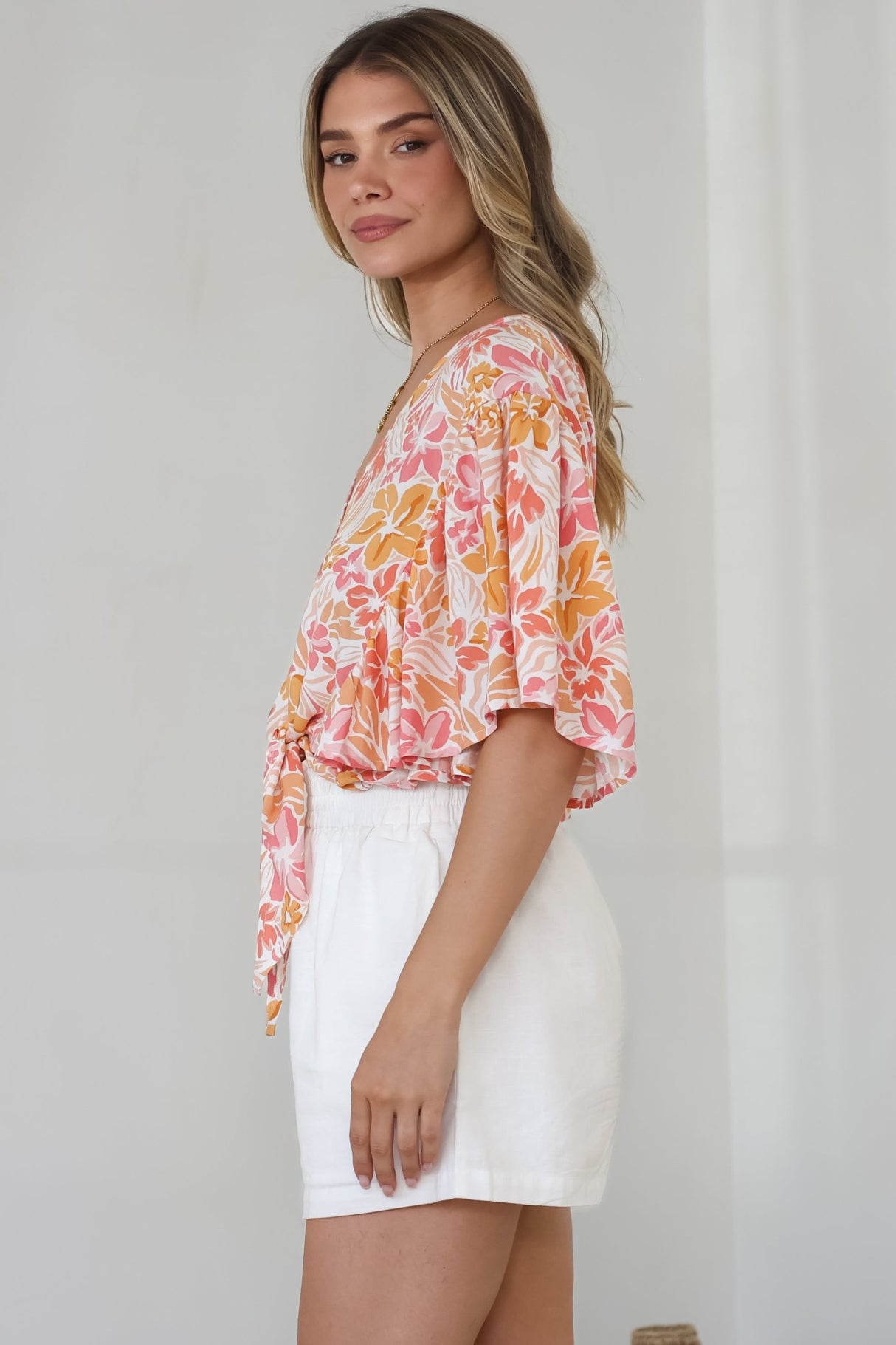 Aideen Top - Flutter Sleeve Tie Up Front Top in Celine Print
