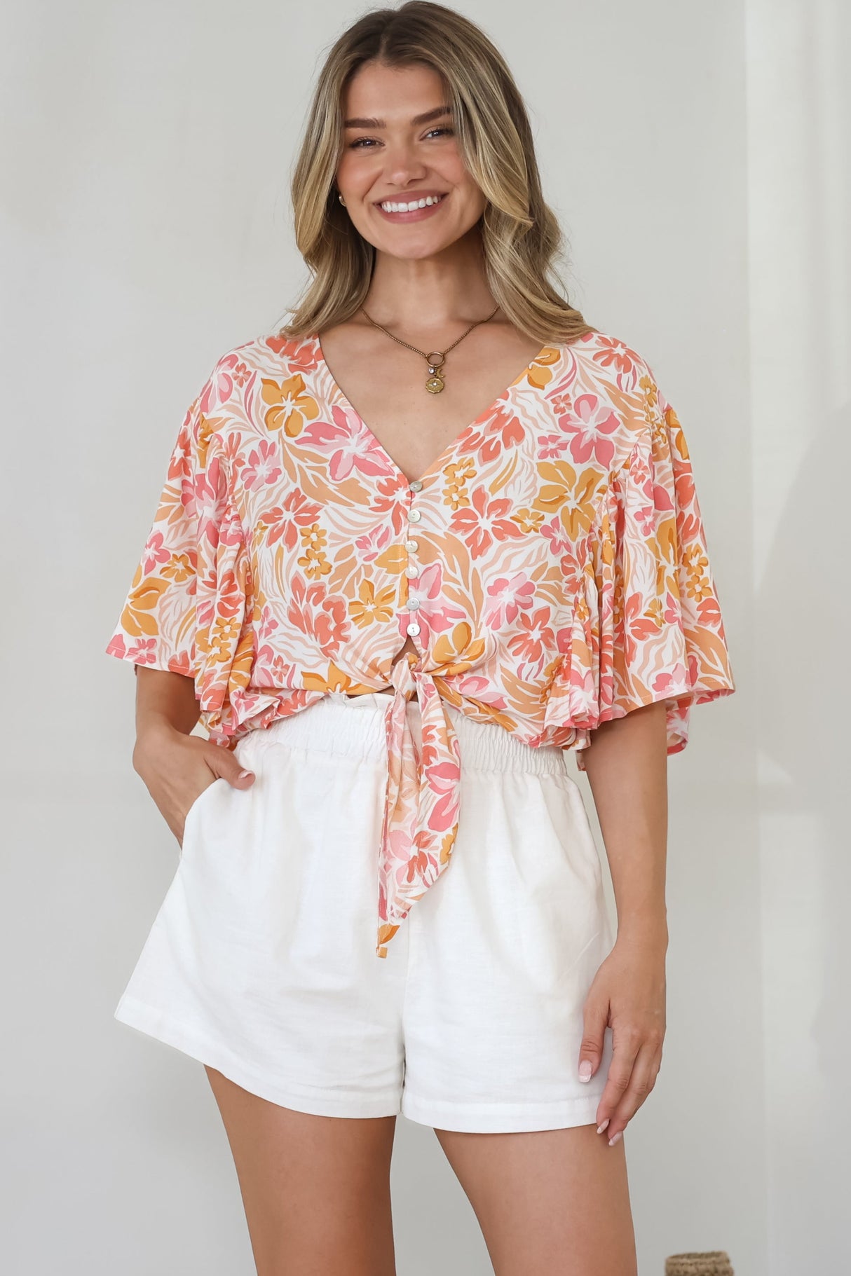 Aideen Top - Flutter Sleeve Tie Up Front Top in Celine Print