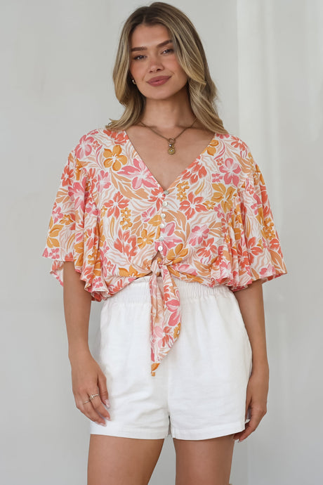 Aideen Top - Flutter Sleeve Tie Up Front Top in Celine Print