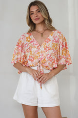 Aideen Top - Flutter Sleeve Tie Up Front Top in Celine Print