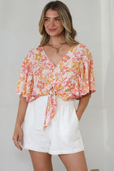 Aideen Top - Flutter Sleeve Tie Up Front Top in Celine Print