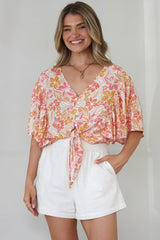 Aideen Top - Flutter Sleeve Tie Up Front Top in Celine Print
