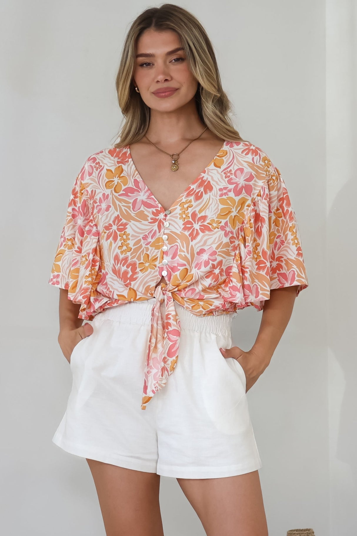 Aideen Top - Flutter Sleeve Tie Up Front Top in Celine Print