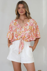 Aideen Top - Flutter Sleeve Tie Up Front Top in Celine Print