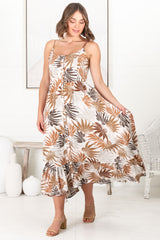 Akeli Midi Dress - Spaghetti Strap Sun Dress with Handkercheif Hem in Kauai Print