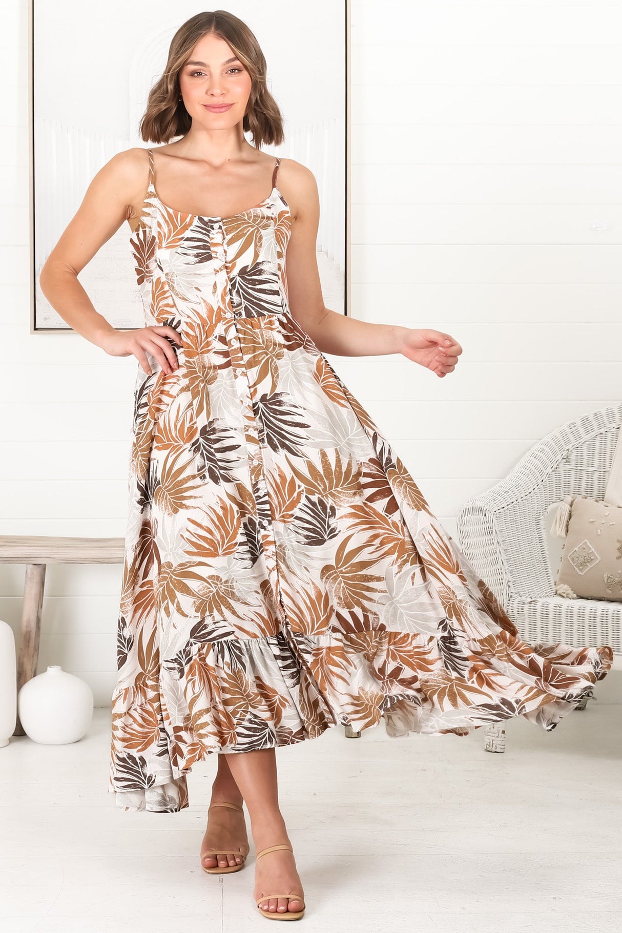 Akeli Midi Dress - Spaghetti Strap Sun Dress with Handkercheif Hem in Kauai Print