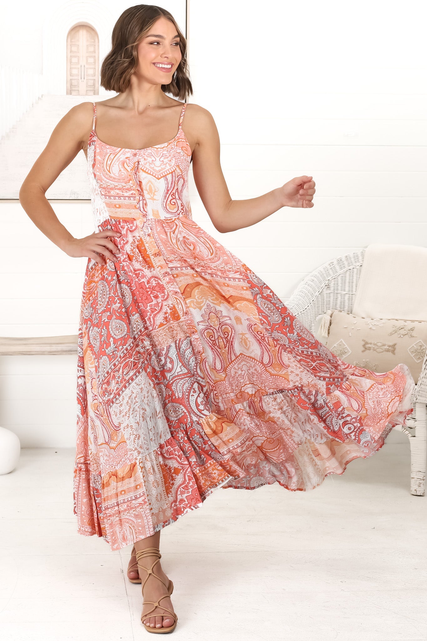 Akeli Midi Dress - Spaghetti Strap Sun Dress with Handkercheif Hem in Lemzie Print Coral