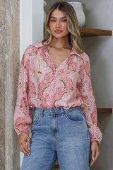 Akri Blouse - Wing Collar Button Down with Long Sleeves in Delta Print