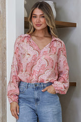 Akri Blouse - Wing Collar Button Down with Long Sleeves in Delta Print