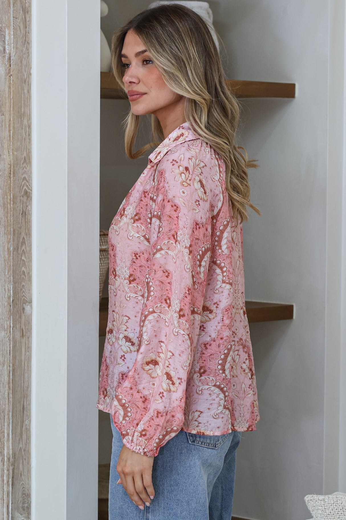Akri Blouse - Wing Collar Button Down with Long Sleeves in Delta Print