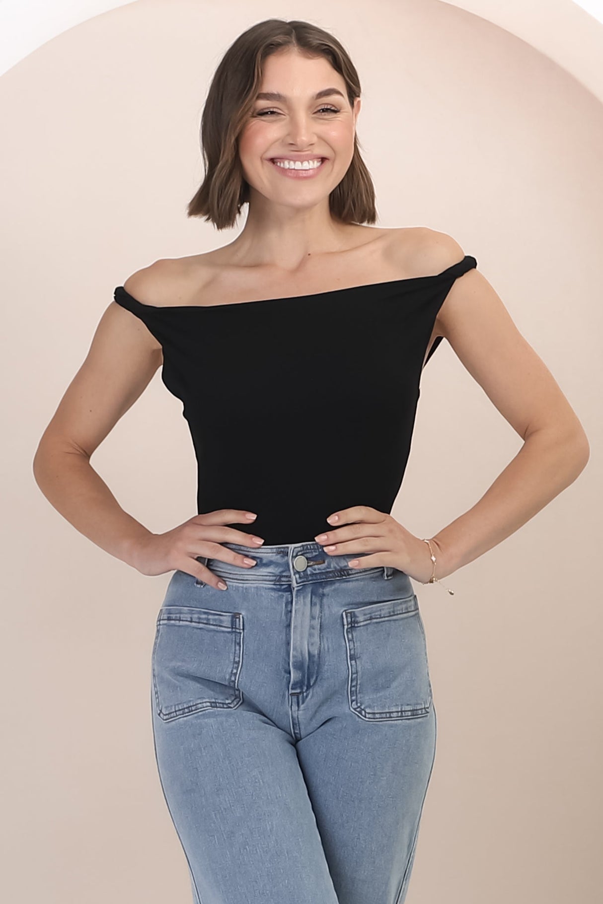 Alane Top - Twist Strap Asymmetric Neckline Top in Black