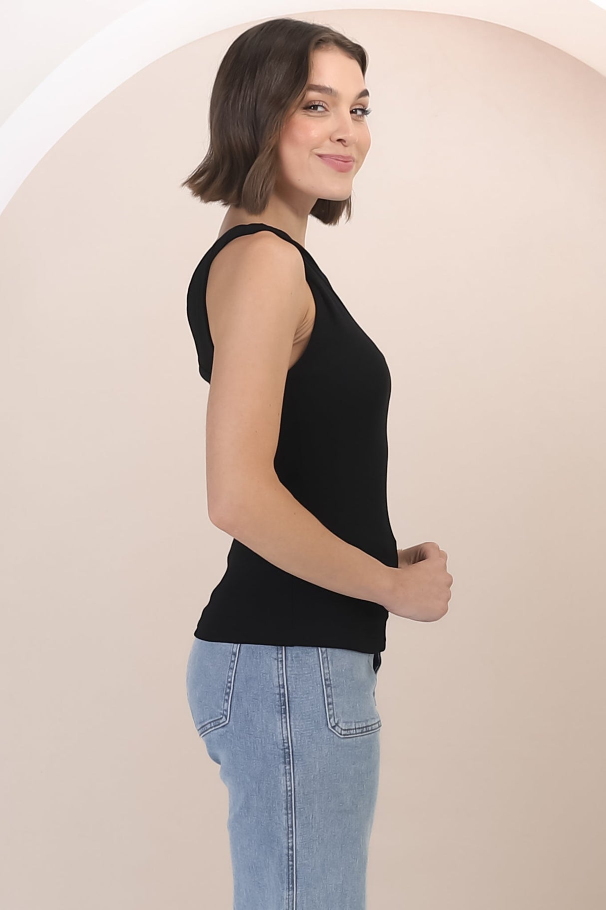 Alane Top - Twist Strap Asymmetric Neckline Top in Black