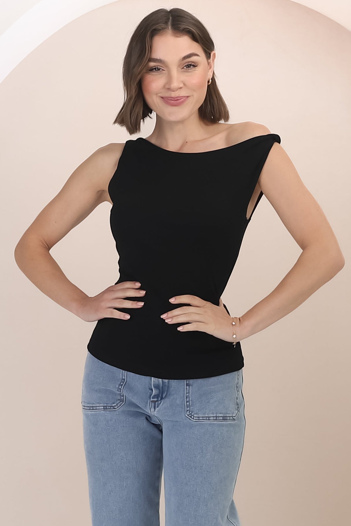 Alane Top - Twist Strap Asymmetric Neckline Top in Black