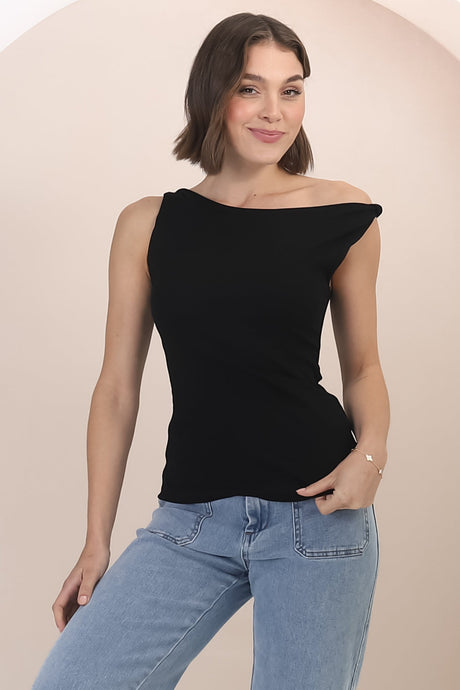 Alane Top - Twist Strap Asymmetric Neckline Top in Black