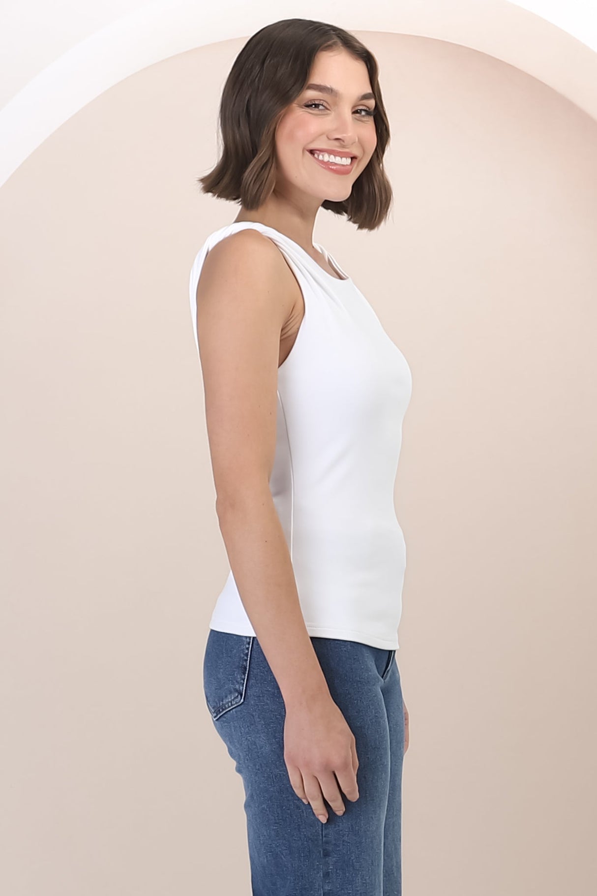 Alane Top - Twist Strap Asymmetric Neckline Top in White