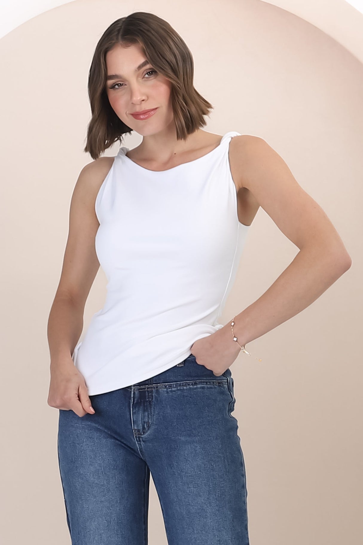 Alane Top - Twist Strap Asymmetric Neckline Top in White