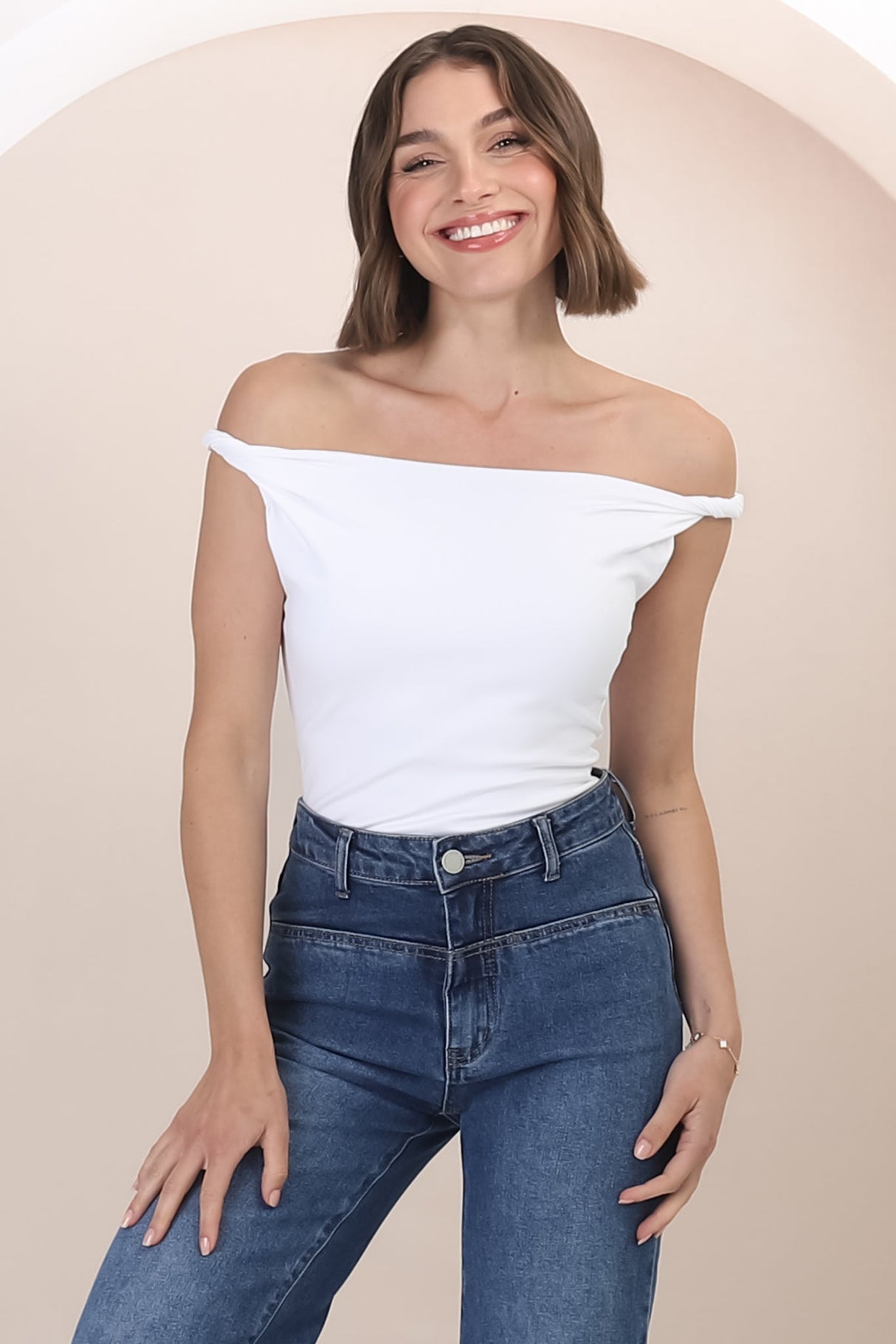 Alane Top - Twist Strap Asymmetric Neckline Top in White