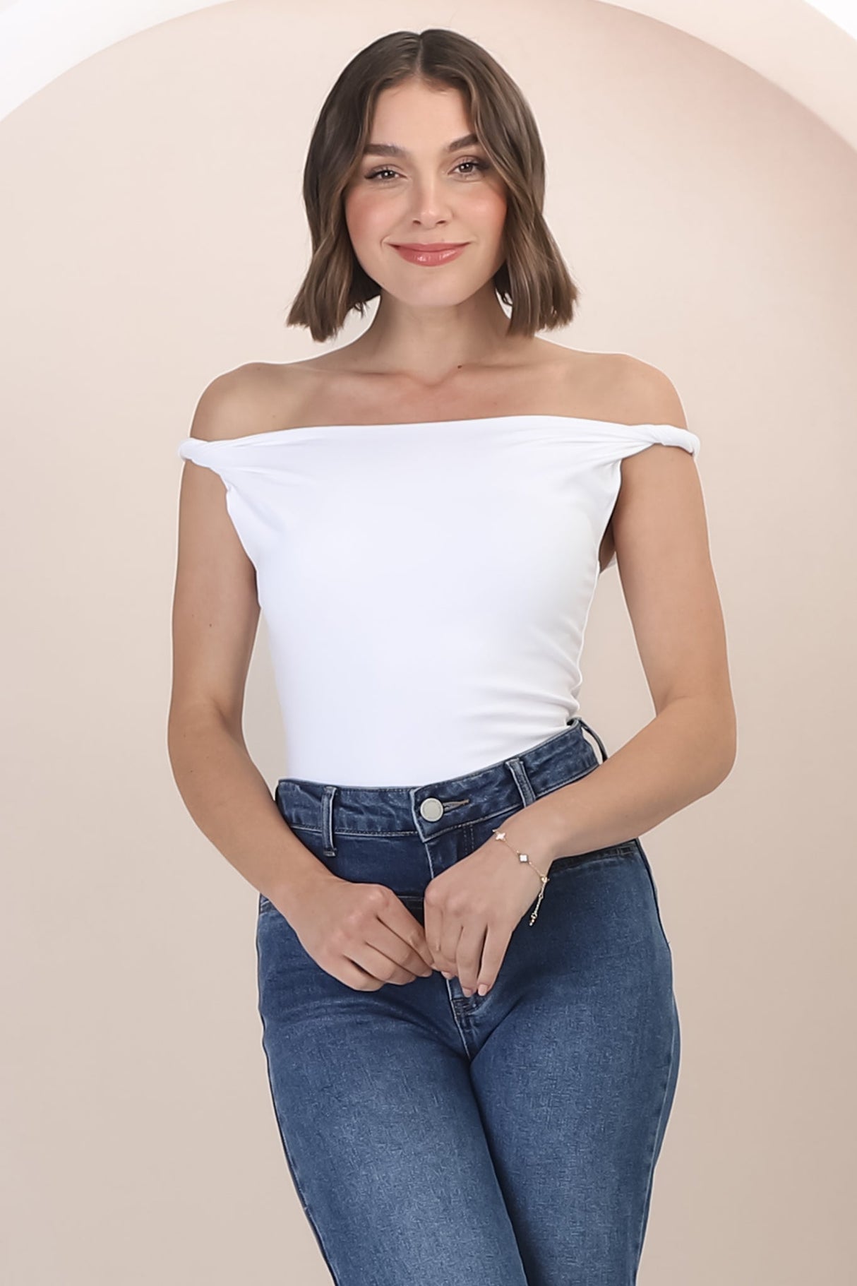 Alane Top - Twist Strap Asymmetric Neckline Top in White