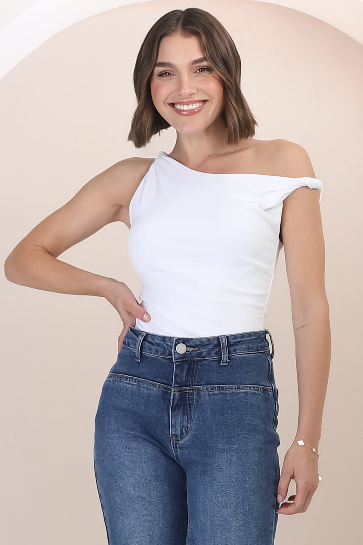 Alane Top - Twist Strap Asymmetric Neckline Top in White