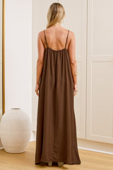 Alani Maxi Dress - V Neck Spaghetti Strap Trapeze Dress in Brown